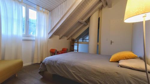 巴登Aquae Helveticae的一间卧室设有一张床和一个大窗户