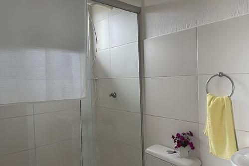 彼得罗利纳Casa condomínio fechado.的带淋浴、卫生间和盥洗盆的浴室
