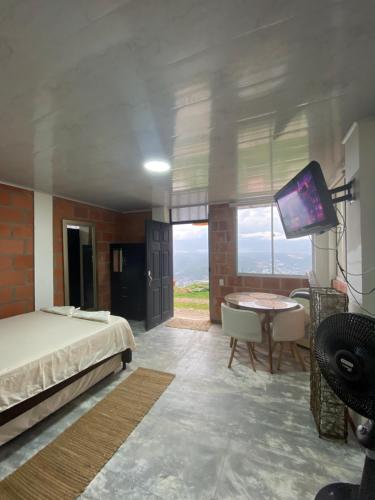 希龙Green Apartment el prado的一间卧室配有一张床、一台电视和一张桌子
