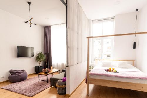 弗格拉什Urban Six Apartments的一间卧室设有一张床和一间客厅。
