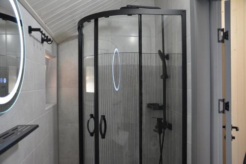 亚列姆切Bukovets'的浴室里设有玻璃门淋浴