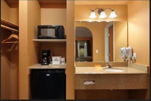 拉伯克卢博克市南戴斯酒店的一间带水槽、镜子和微波炉的浴室