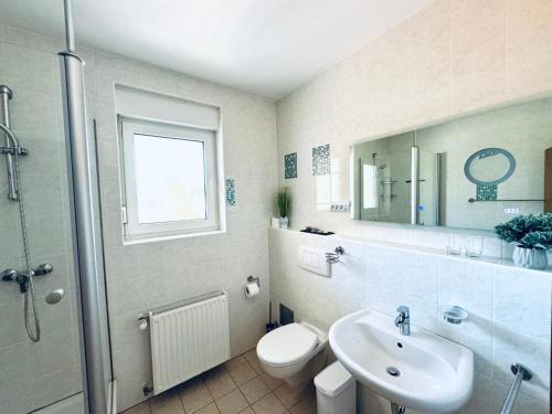 梅杜林Villa Osipovica的一间带水槽、卫生间和淋浴的浴室