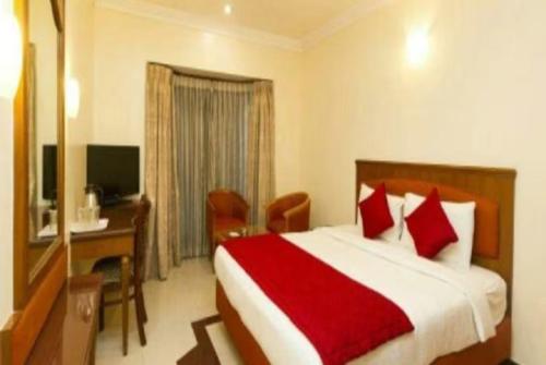 瓦拉纳西GRG Ashiyana Palace Parade Kothi Road Varanasi的酒店客房配有一张床、一张书桌和一台电视。