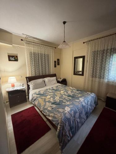 卡尔季察Ιδανικό σπίτι στην Καρδίτσα的一间卧室配有一张床和红色地毯