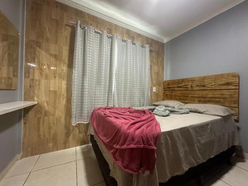 戈亚尼亚AP inteiro com ar condicionado的一间卧室设有一张床和木墙