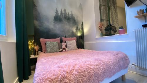 波尔多Grand Appartement Haussmanien de Standing avec Jacuzzi Terrasse et Parking en Hyper Centre的一间卧室配有粉红色的床和粉色毯子