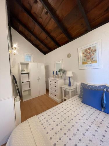马佐La casita de Mazo的一间卧室设有一张床和木制天花板