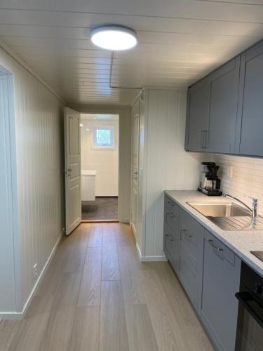 艾于兰Aurland Feriehus的厨房铺有木地板,配有白色橱柜。