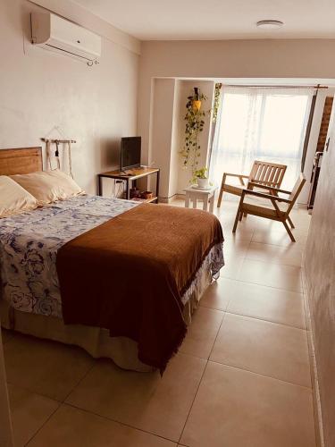 波萨达斯Alojamiento Céntrico的一间卧室配有一张床、一把椅子和一张书桌