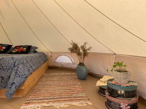 帕达斯特Pädaste Aerga Sunrise Glamping的帐篷内的卧室,配有一张床和地毯