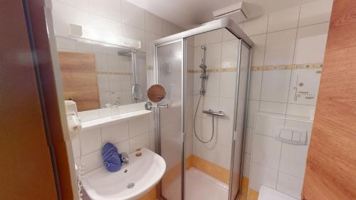 Jenig披若斯劳尔山酒店的带淋浴、盥洗盆和卫生间的浴室