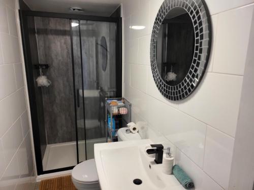 伯明翰Charming 2-Bed Apartment in Birmingham的带淋浴、盥洗盆和镜子的浴室