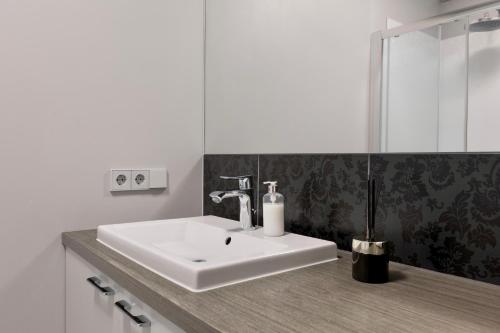 米兹多洛杰梅蒂多杰公寓的浴室设有白色水槽和镜子
