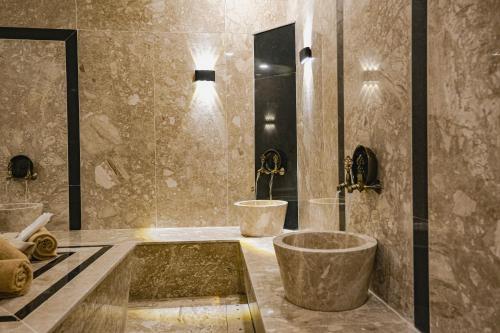 埃利特温泉Vital Thermal Hotel & SPA的浴室配有浴缸、淋浴和水槽