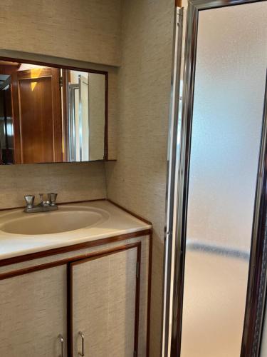 多维尔Yacht Moineau VI的一间带水槽和镜子的浴室以及一台冰箱