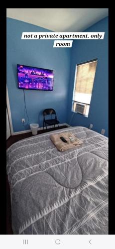 纽瓦克Willoughby的一间卧室配有一张蓝色墙壁的床