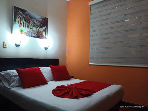 波帕扬Hotel La Herreria Colonial的一间卧室配有一张带红色枕头的床和一扇窗户