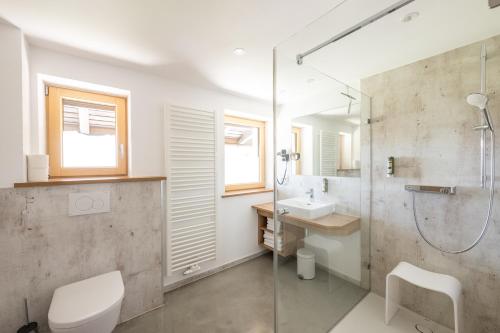 里茨勒恩Haus Tannberg的带淋浴、卫生间和盥洗盆的浴室