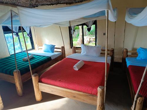 KapchorwaSipi Guest House的一间卧室设有两张床和天篷