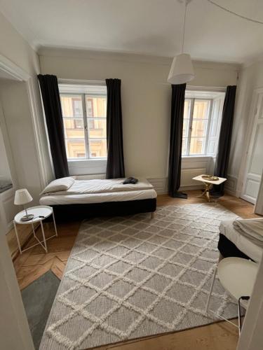 斯德哥尔摩Home Inn MRT19的一间卧室设有床、两个窗户和地毯。