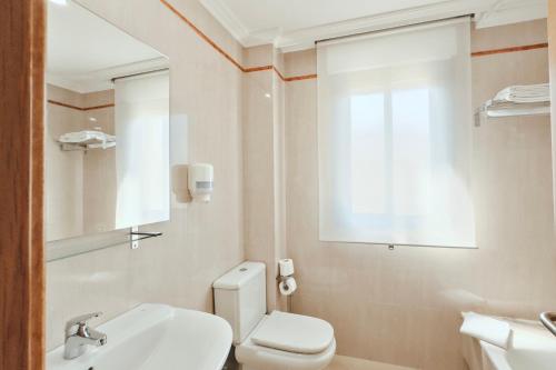 桑亨霍马德维拉酒店的一间带卫生间、水槽和镜子的浴室