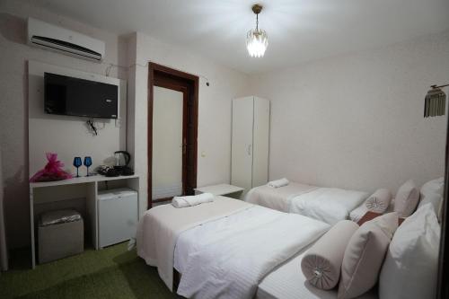 帕莫卡莱OzenTurku Hotel的酒店客房设有两张床和一台平面电视。