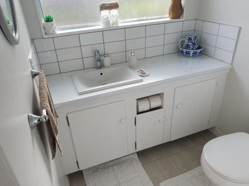 旺格努伊Charmae Guest House的白色的浴室设有水槽和卫生间。