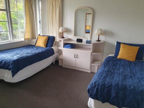 旺格努伊Charmae Guest House的一间卧室配有两张床和镜子