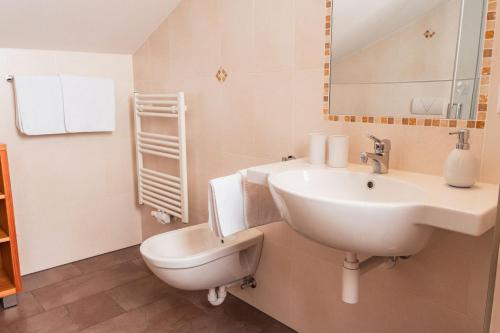 纳兹-夏韦斯Huberhof的白色的浴室设有水槽和卫生间。