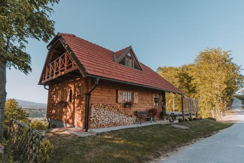 MakoleBrunarica Dežno的一座带红色屋顶的小木房子