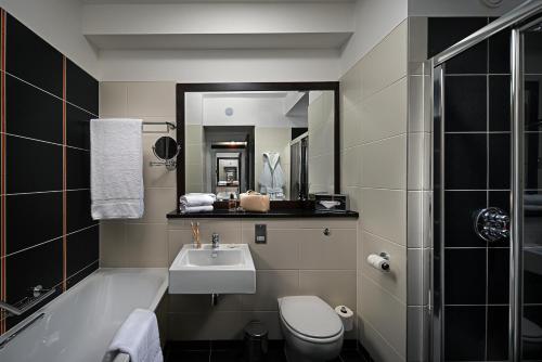 布兰察斯镇布兰查斯镇卡尔顿酒店的浴室配有盥洗盆、卫生间和浴缸。