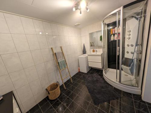 VidnesLovely home by Glomma river!的带淋浴和盥洗盆的浴室