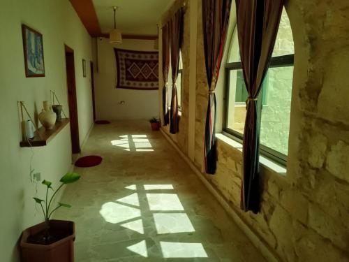 瓦迪穆萨Petra fort hotel的一条空的走廊,有窗户和盆栽植物