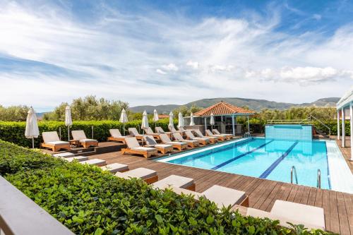 拉加纳斯Agrilia Hotel Adults Only的一张带躺椅的游泳池和一个度假村的图片