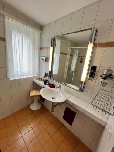 洛伊克巴德洛伊克巴德温泉阿尔法苏皮尔酒店的一间带水槽和镜子的浴室