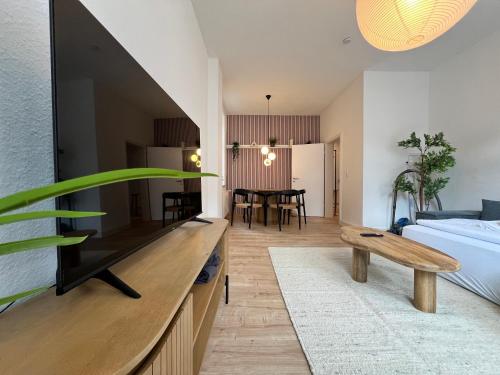 希尔德斯海姆FLATLIGHT - Stylish apartment - Kitchen - Parking - Netflix的一间带大电视的客厅和一间卧室