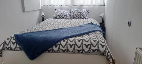 查科韦茨Apartman Moonlite的小卧室配有一张带蓝色毯子的床
