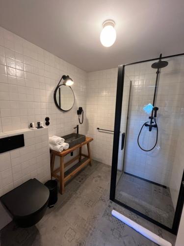 兹诺伊莫卡普兰卡旅馆的带淋浴、卫生间和盥洗盆的浴室