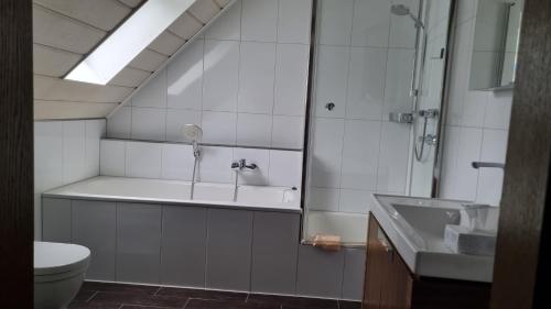 杜塞尔多夫罗豪赛霍夫酒店的带浴缸、盥洗盆和卫生间的浴室