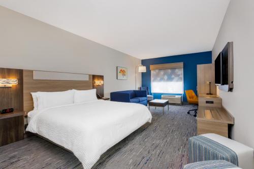 坦帕Holiday Inn Express & Suites Tampa Stadium - Airport Area, an IHG Hotel的一间酒店客房,配有一张床和一台电视