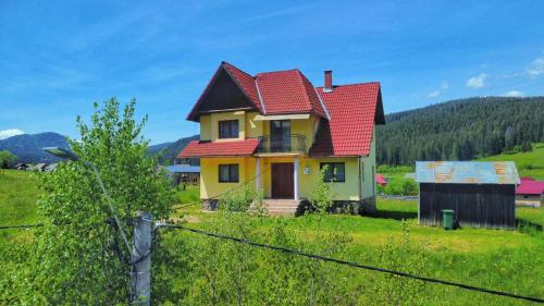 博尔塞克Casa de vacanta的绿色田野上红色屋顶的黄色房子