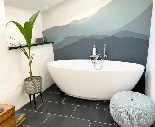 卡纳芬Close to Snowdon with Mountain views of Snowdonia的带浴缸的浴室,配有山地壁画