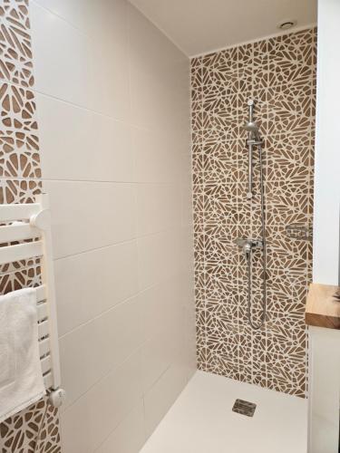 贝尔兹Domaine de Keryargon, Chambres d'hôtes的带淋浴的浴室(带瓷砖墙)