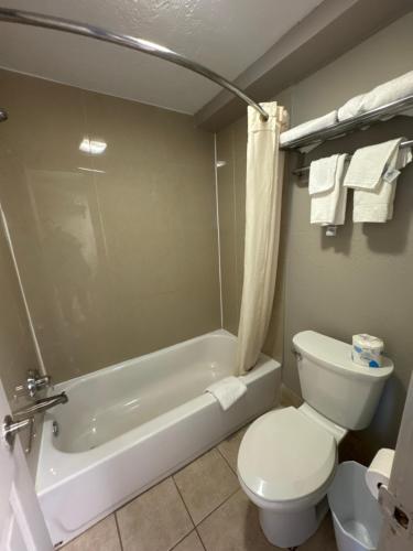 加尔维斯敦Econo Lodge Galveston Seawall的浴室配有卫生间、浴缸和水槽。