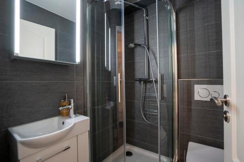 施库尔AAA Chalet, newly renovated with Sauna and Mountain view Allegra RoJo的带淋浴、卫生间和盥洗盆的浴室