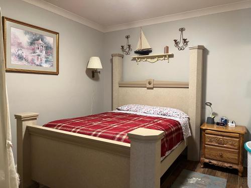 查塔努加Private Entrance Cozy Room at Heart of Chattanooga的一间卧室配有一张带红色铺面毯子的床