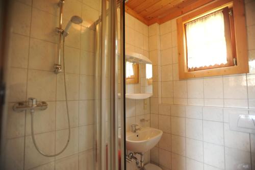 AubergGalsterbergalm Jagdhütte的带淋浴和盥洗盆的浴室