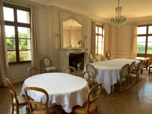 Château du Mont de Guny的一间带桌椅和壁炉的用餐室