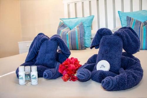 Qolora Mouth特瑞尼斯酒店的床上的蓝色毛巾
